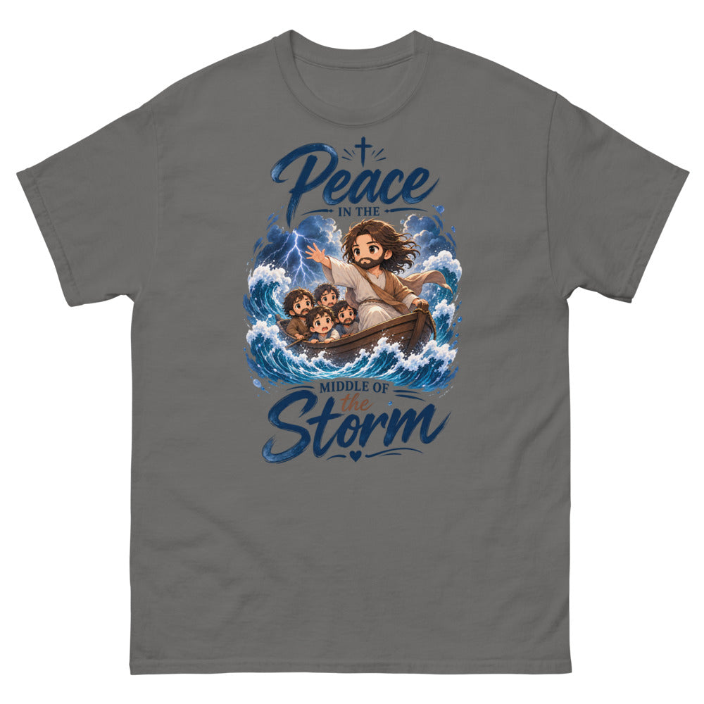 Chibi Jesus calming a storm in a boat with the words Peace In The Middle Of The Storm on a Charcoal shirt