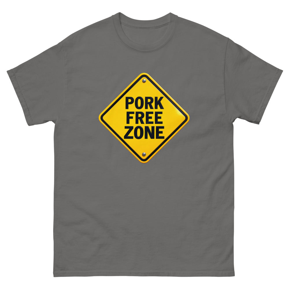 Yellow diamond road sign reading Pork Free Zone on a Charcoal shirt