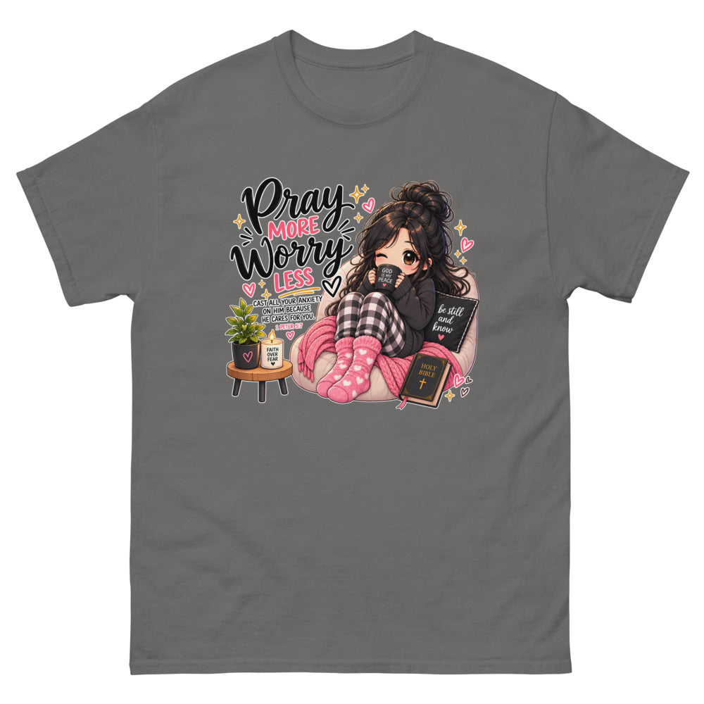 Cozy chibi girl with a mug and Bible with the words Pray More Worry Less on a Charcoal shirt