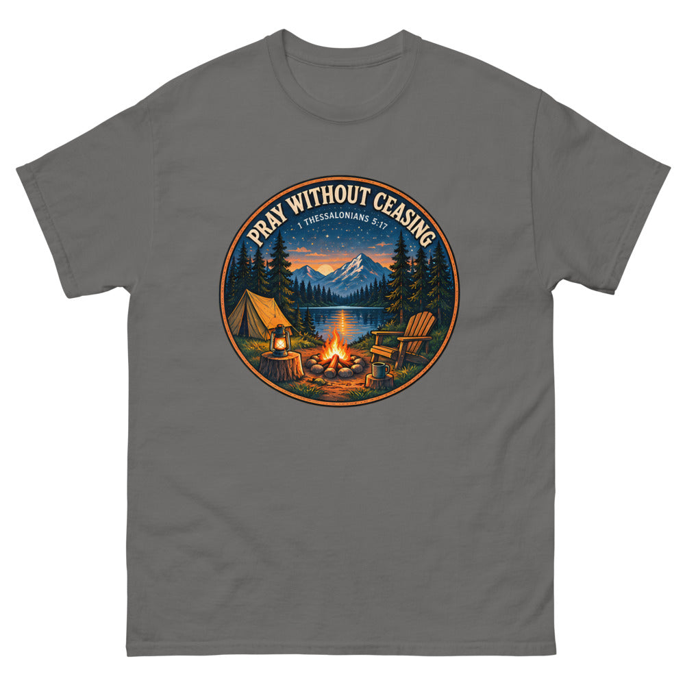 Round campfire and tent badge at night reading Pray Without Ceasing on a Charcoal shirt
