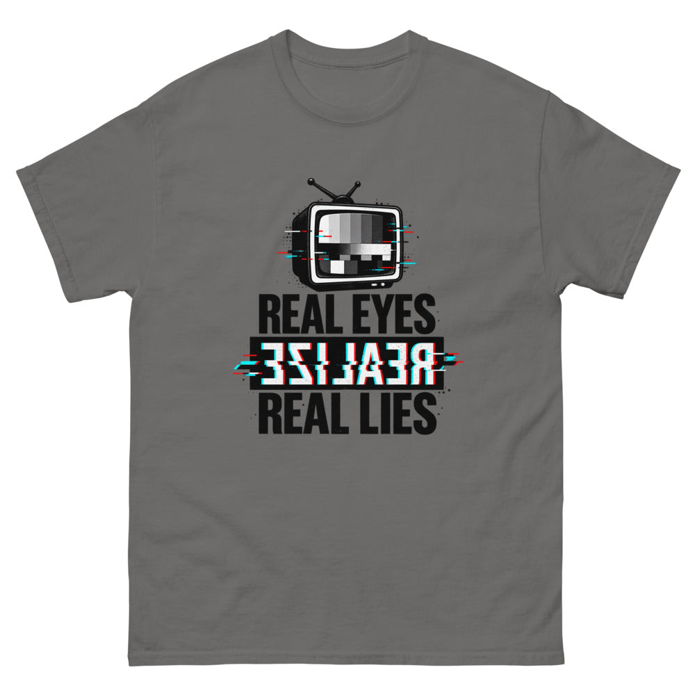 Glitching retro television with the words Real Eyes Realize Real Lies on a Charcoal shirt