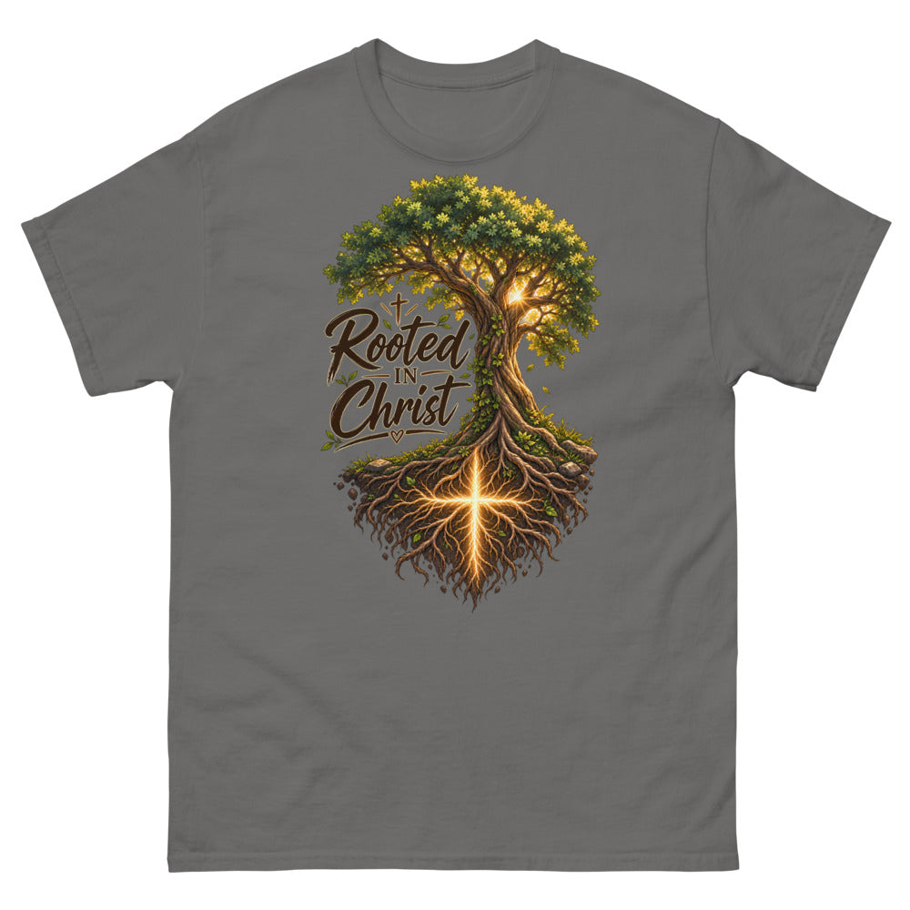 Detailed tree with a glowing cross in its roots and the words Rooted In Christ on a Charcoal shirt