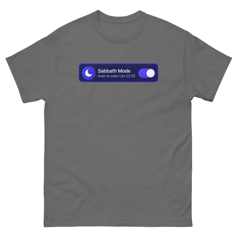 Phone settings toggle switched on reading Sabbath Mode, even to even on a Charcoal shirt
