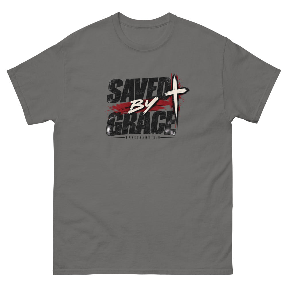 Streetwear lettering with a red brush stroke and cross reading Saved By Grace on a Charcoal shirt