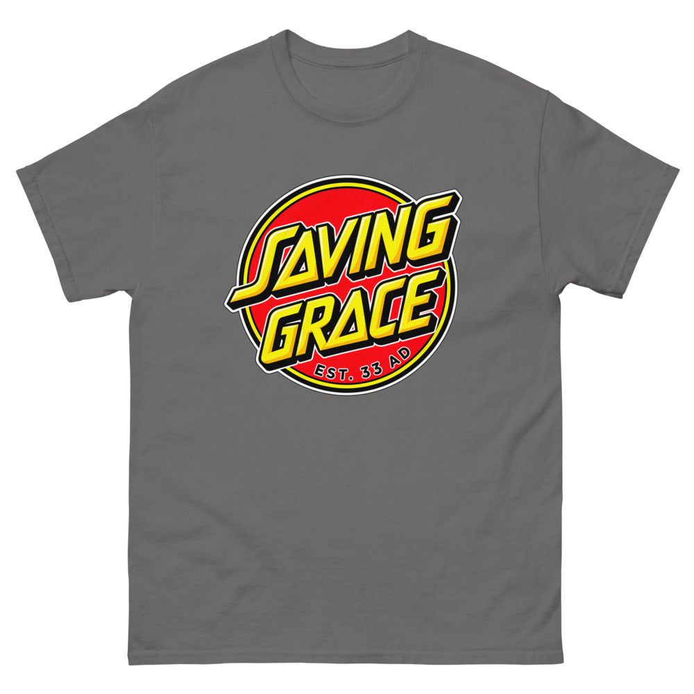 Red circle skate logo reading Saving Grace, Est. 33 AD on a Charcoal shirt