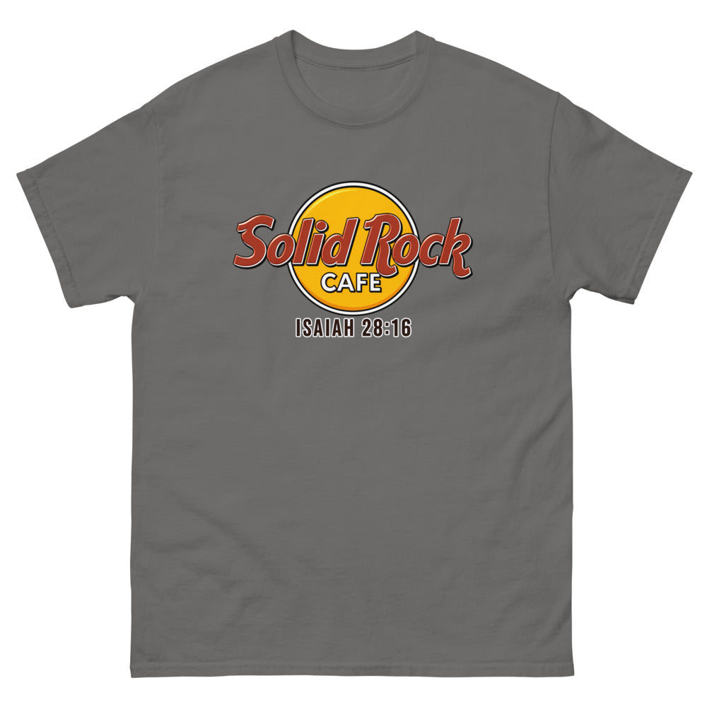 Gold roundel reading Solid Rock Cafe with Isaiah 28:16 on a Charcoal shirt