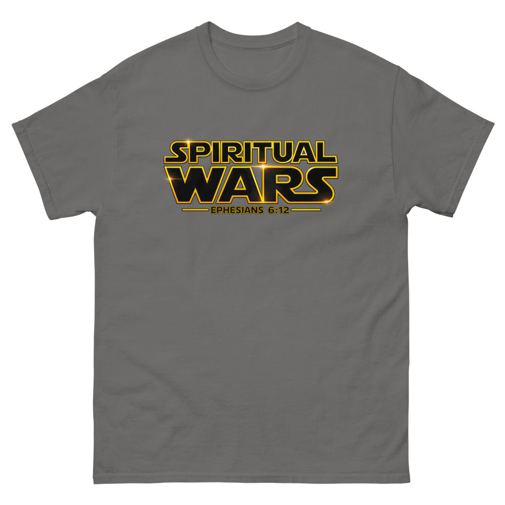 Film logo parody reading Spiritual Wars with Ephesians 6:12 on a Charcoal shirt