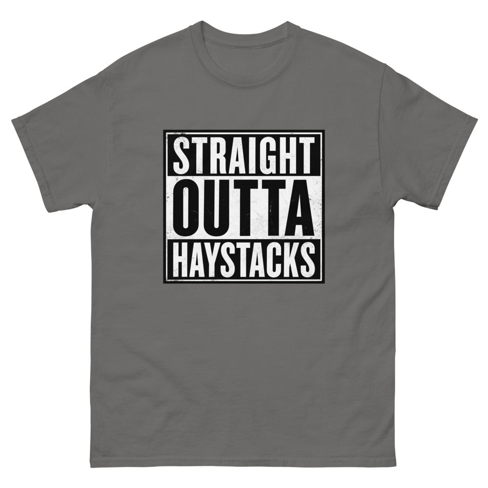 Distressed block lettering reading Straight Outta Haystacks on a Charcoal shirt