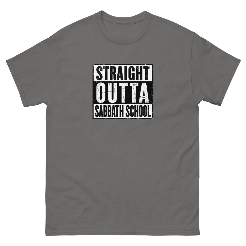 Distressed block lettering reading Straight Outta Sabbath School on a Charcoal shirt