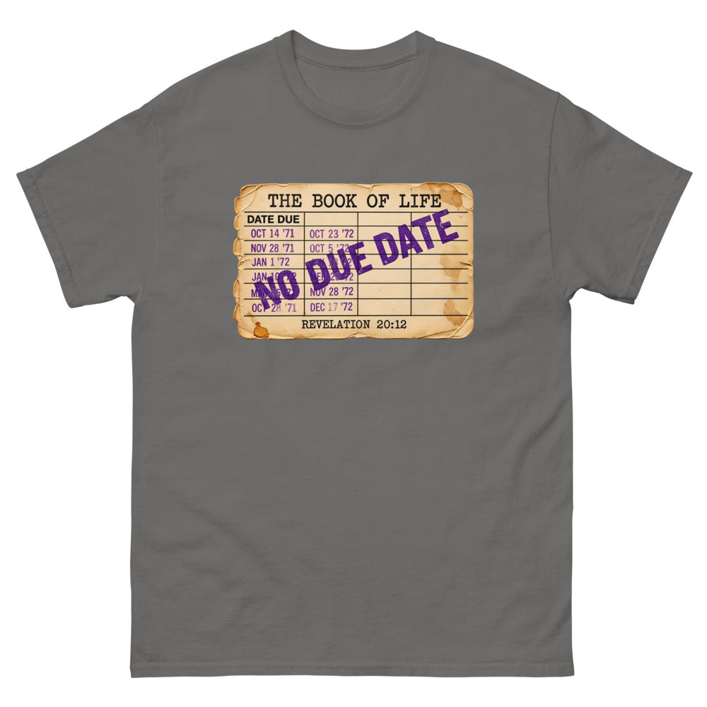 Vintage library due date card headed The Book Of Life stamped No Due Date on a Charcoal shirt