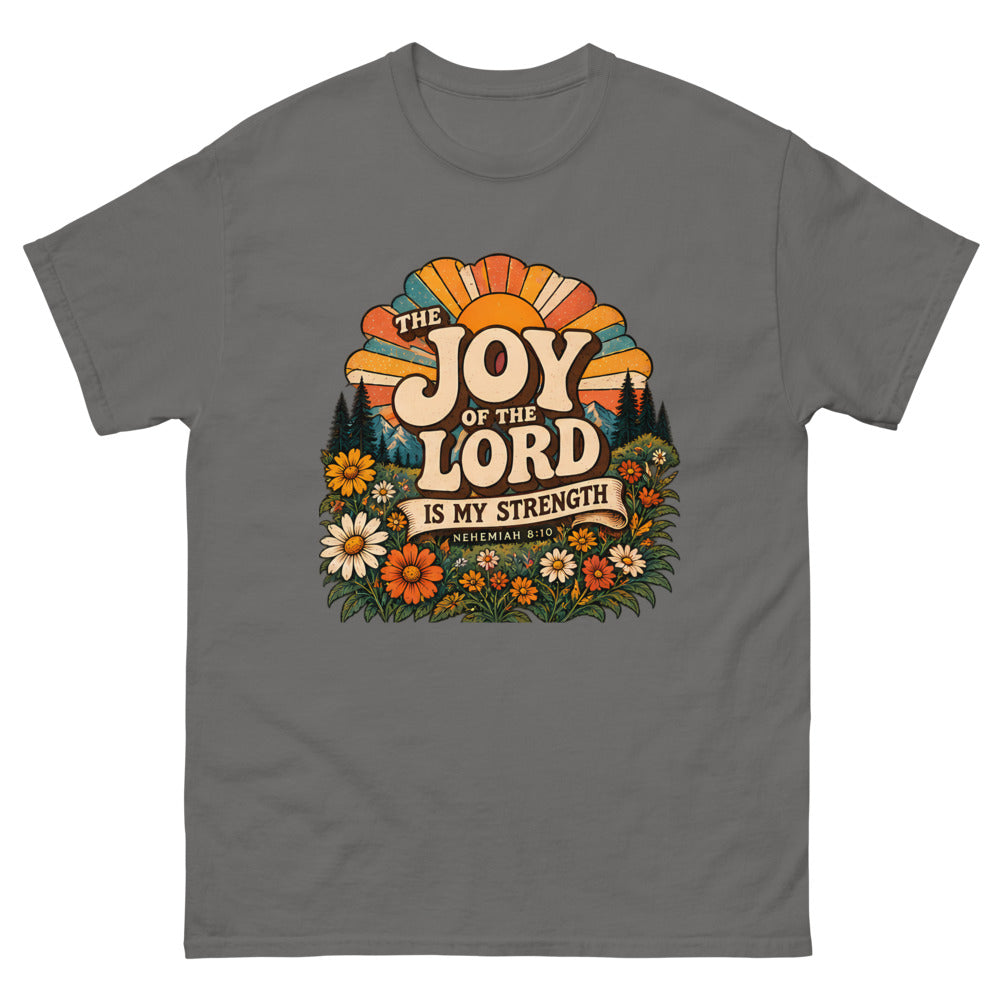 Retro sunburst and wildflowers reading The Joy Of The Lord Is My Strength on a Charcoal shirt