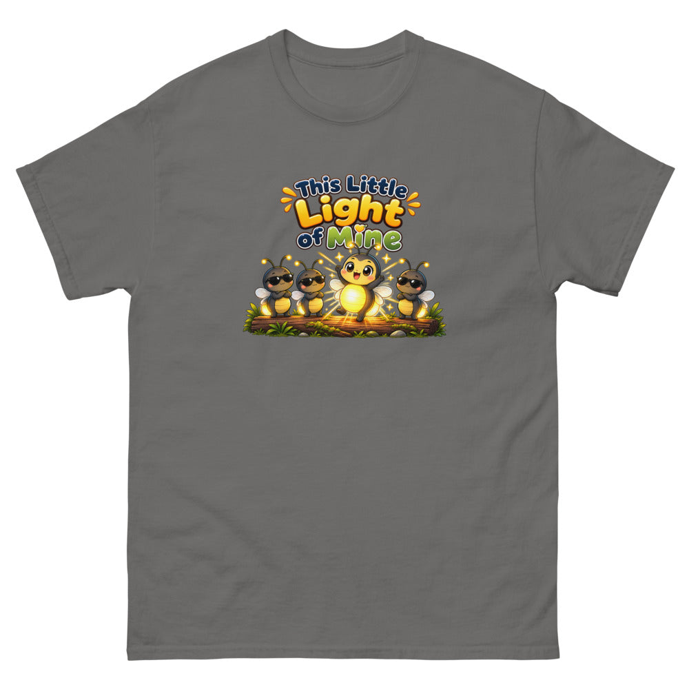 Glowing cartoon firefly with three others in sunglasses and the words This Little Light Of Mine on a Charcoal shirt
