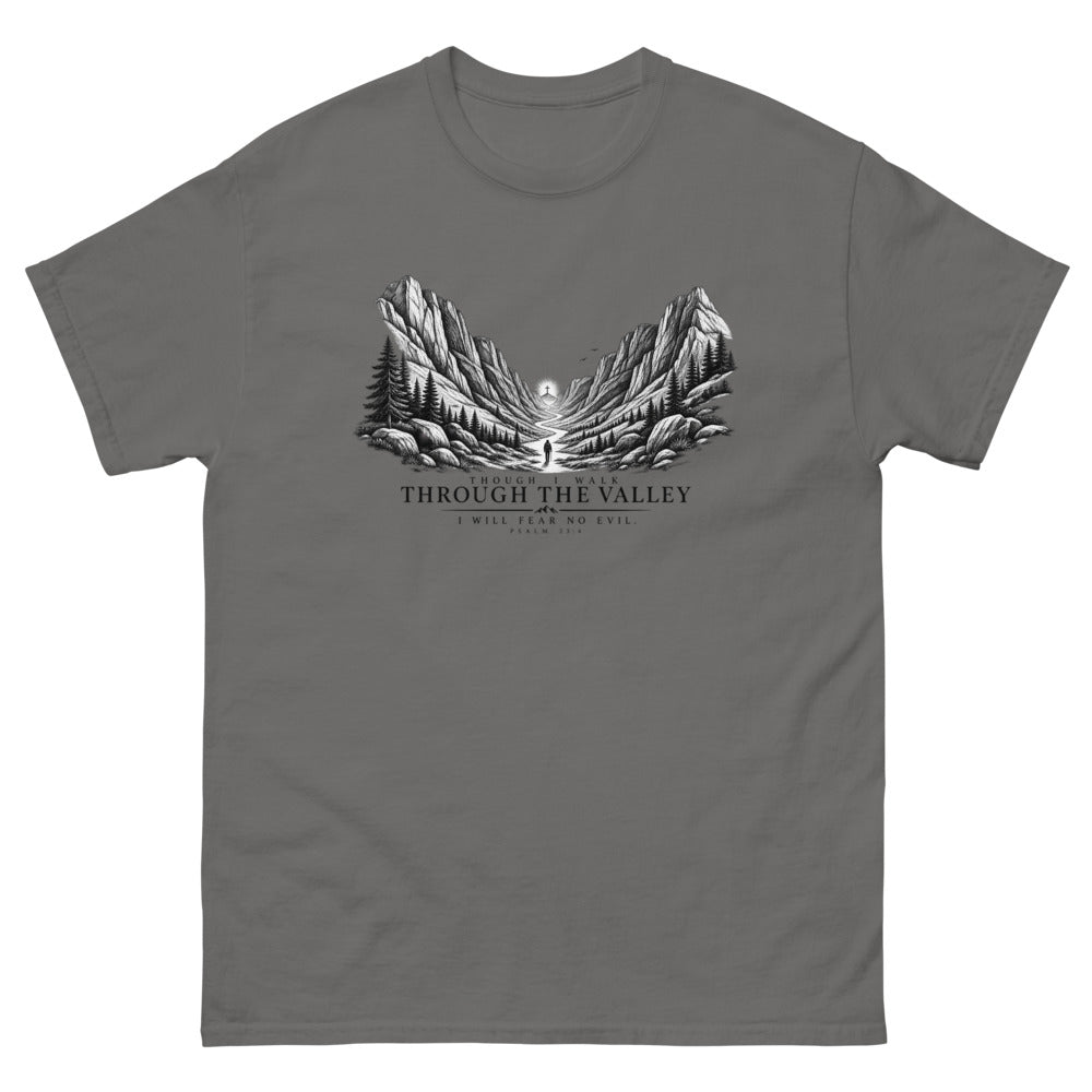 Engraved mountain valley with a lone figure reading Though I Walk Through The Valley I Will Fear No Evil on a Charcoal shirt