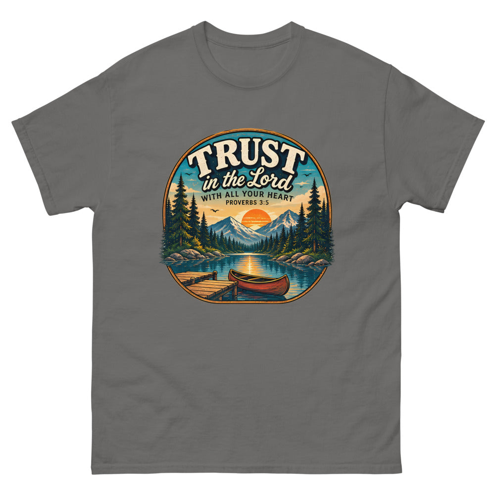 Round lakeside badge with a canoe and dock reading Trust In The Lord With All Your Heart on a Charcoal shirt