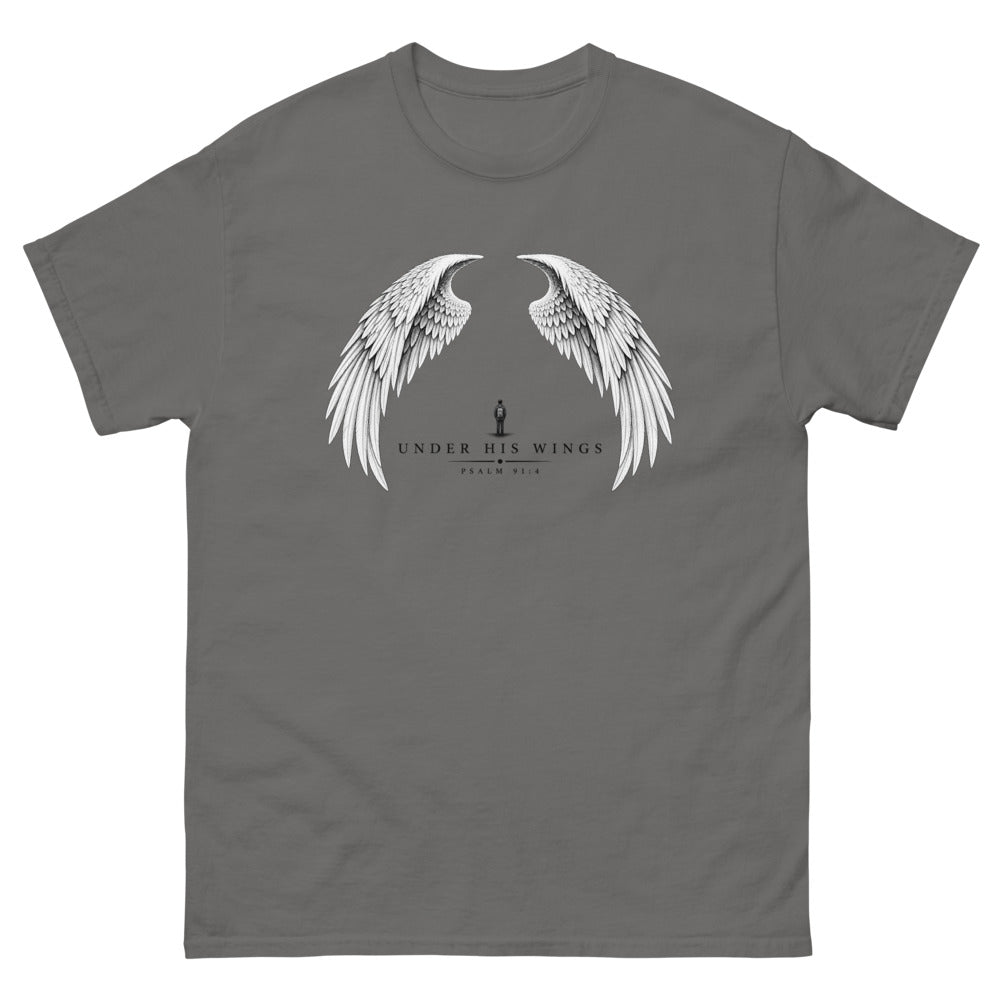 Line art angel wings with a small figure between them and the words Under His Wings on a Charcoal shirt