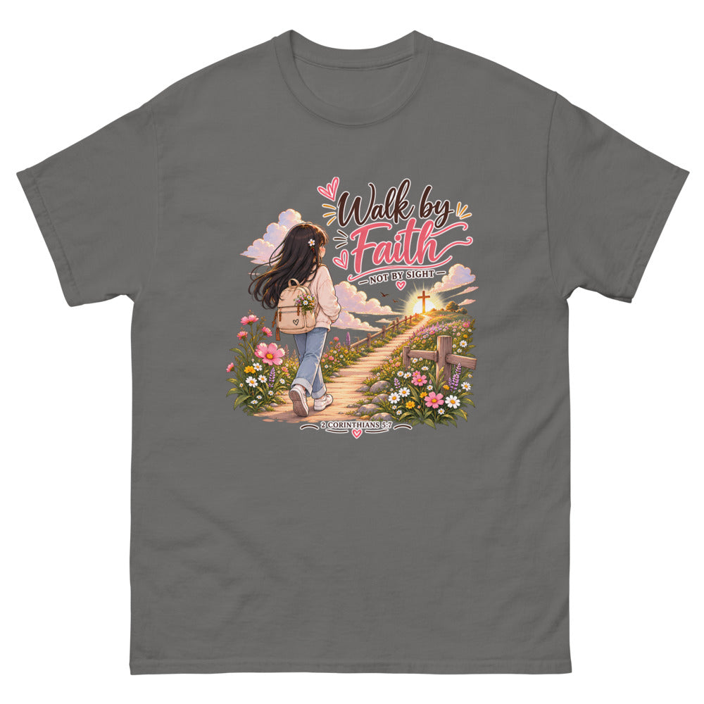 Chibi girl walking a flower-lined path toward a cross with the words Walk By Faith Not By Sight on a Charcoal shirt