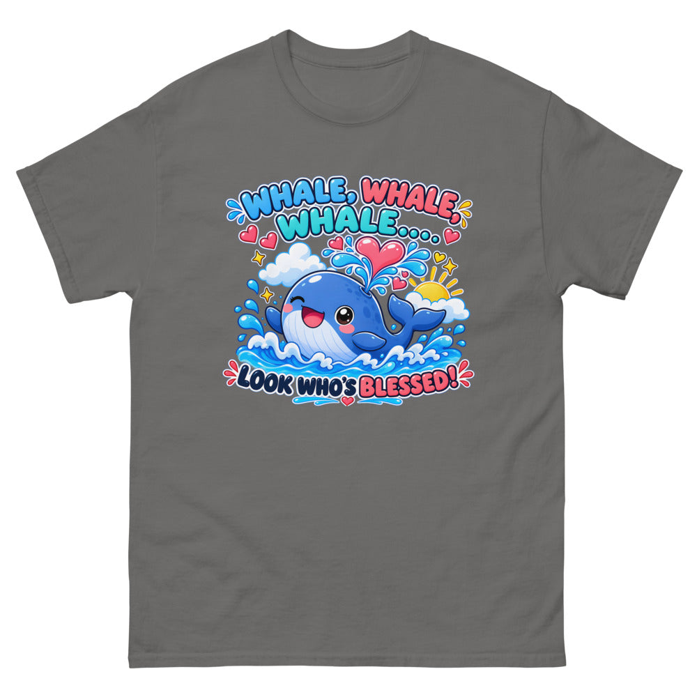 Cartoon whale spouting hearts with the words Whale Whale Whale Look Who's Blessed on a Charcoal shirt