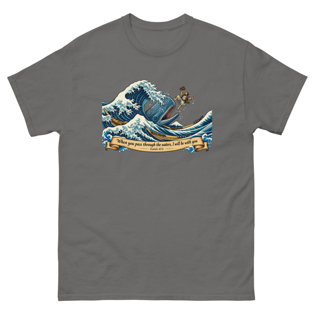 Woodblock style great wave with Jonah and a whale and the words When you pass through the waters I will be with you on a Charcoal shirt
