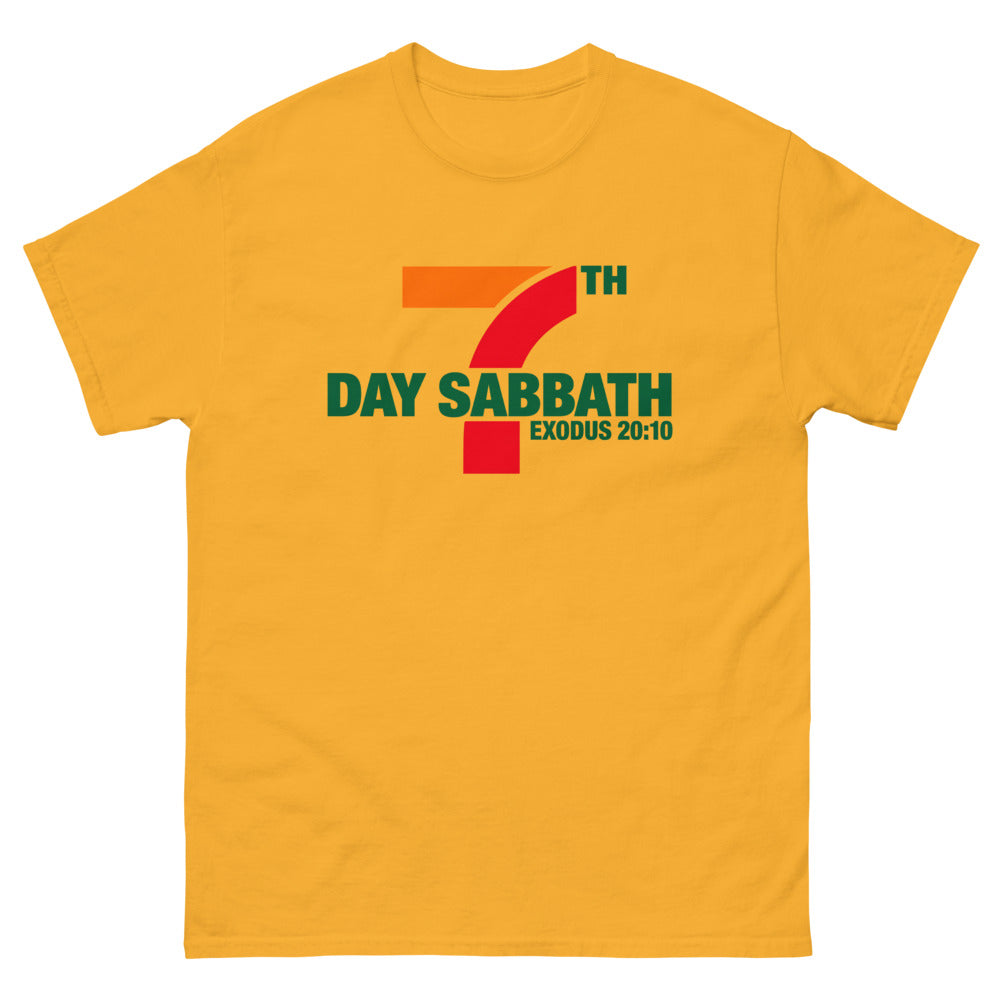 Orange red and green sign parody reading 7th Day Sabbath, Exodus 20:10 on a Gold shirt