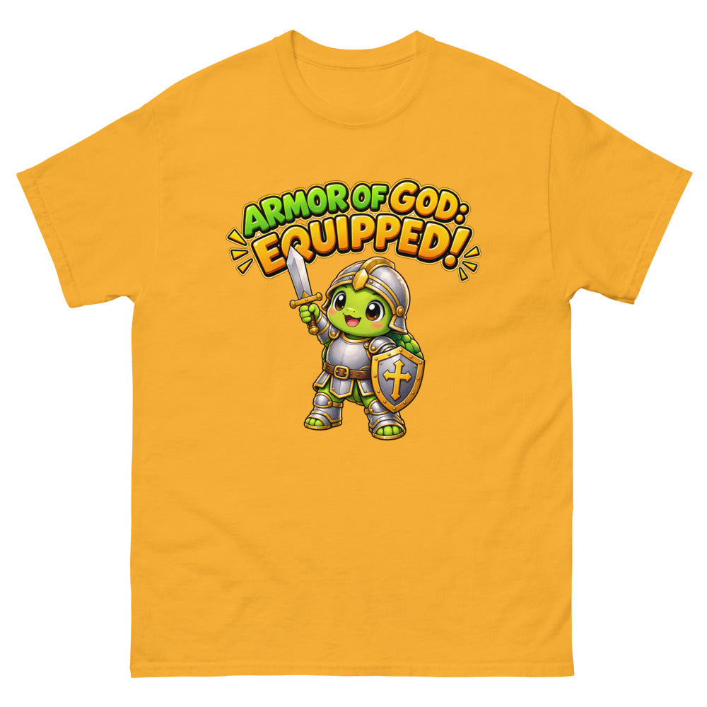 Cartoon turtle in knight armor with sword and shield and the words Armor Of God Equipped on a Gold shirt