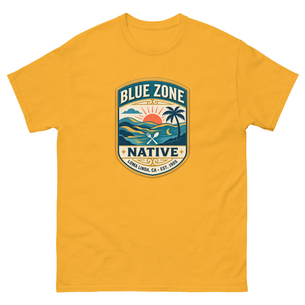 Vintage badge with a sunset and palm tree reading Blue Zone Native, Loma Linda CA on a Gold shirt