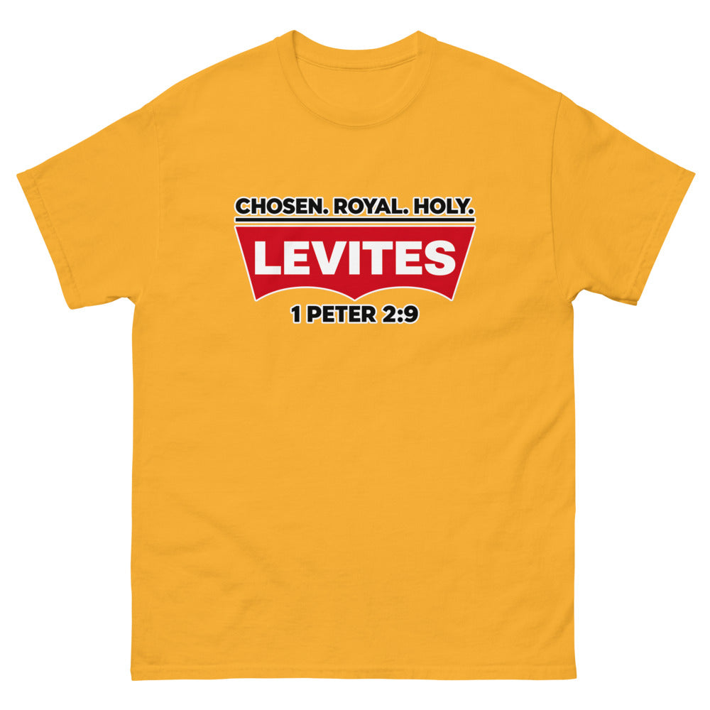 Red batwing patch reading Levites with Chosen Royal Holy and 1 Peter 2:9 on a Gold shirt