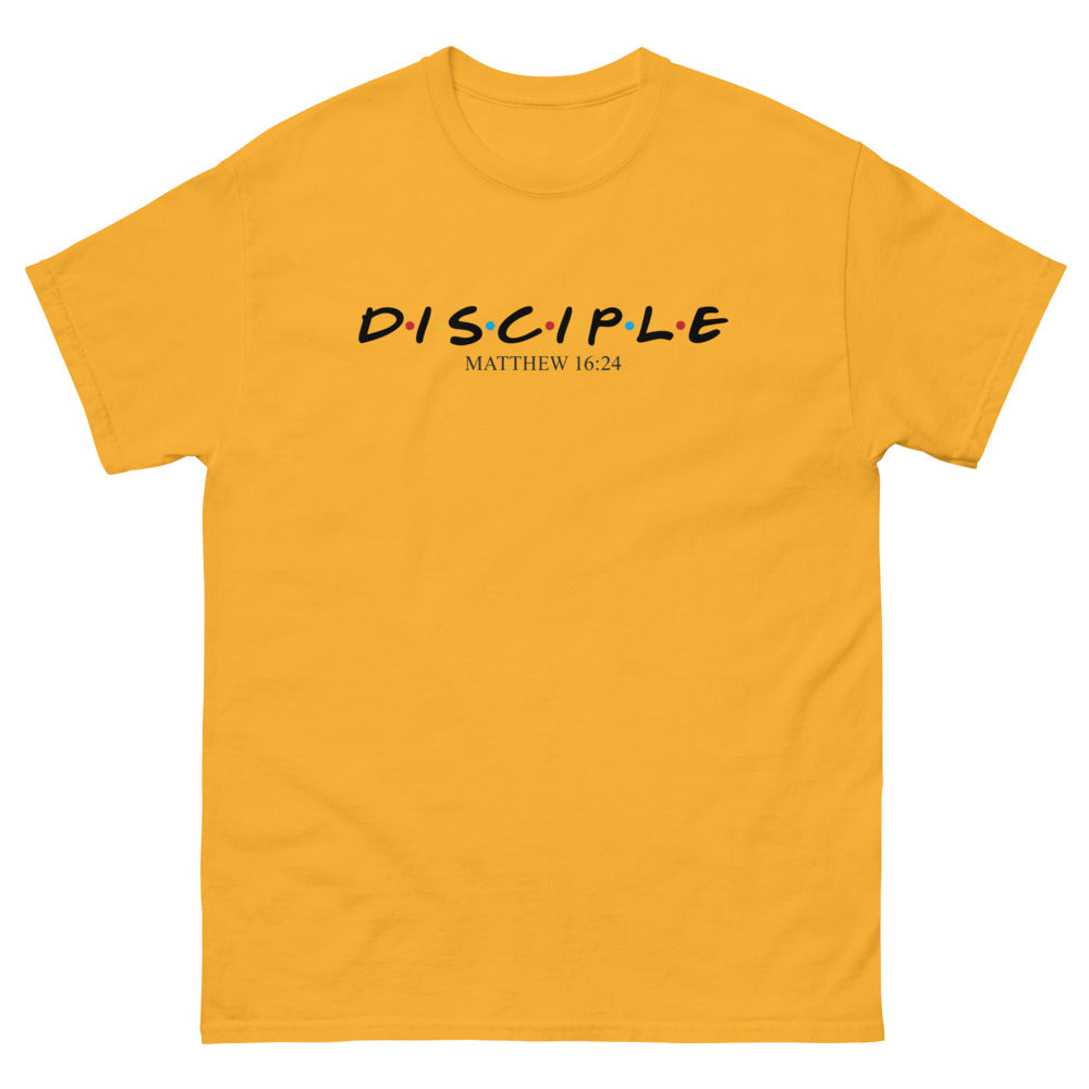 Sitcom style title lettering with coloured dots reading Disciple, Matthew 16:24 on a Gold shirt