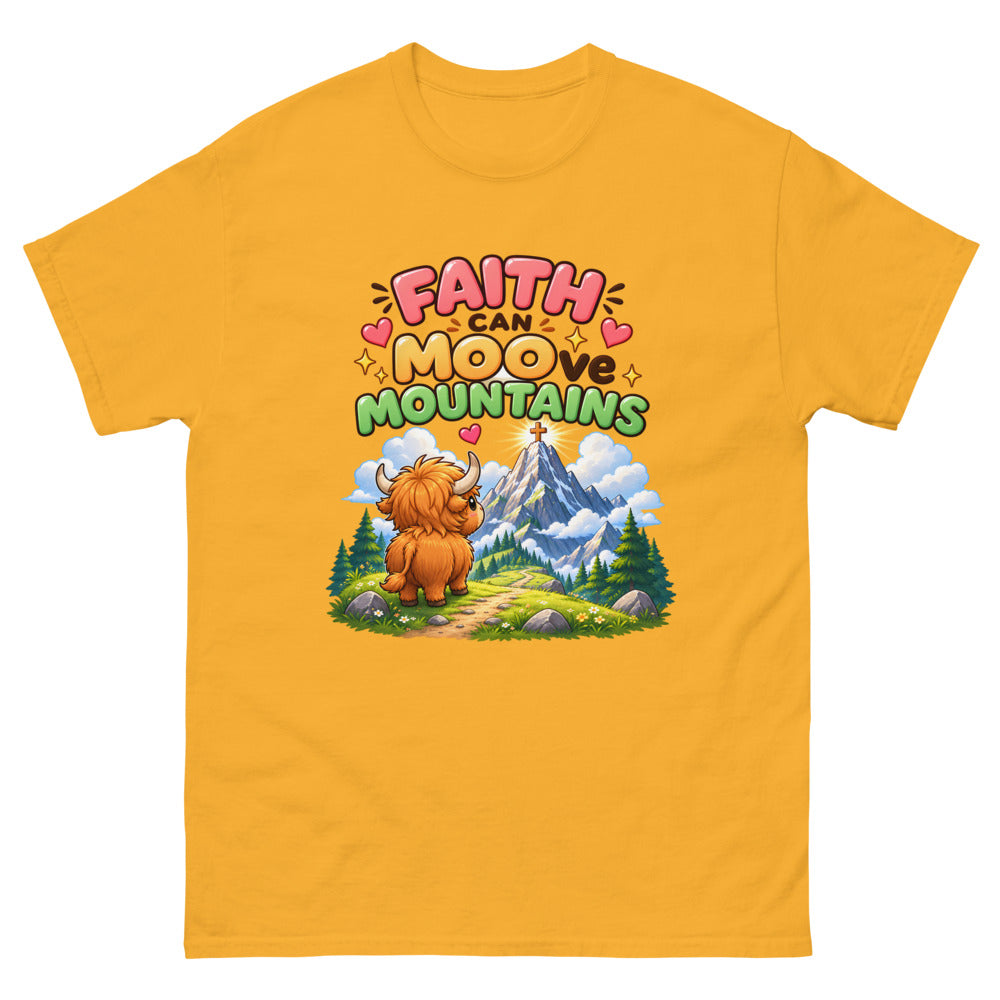 Cartoon highland cow looking at a mountain with the words Faith Can Moo-ve Mountains on a Gold shirt
