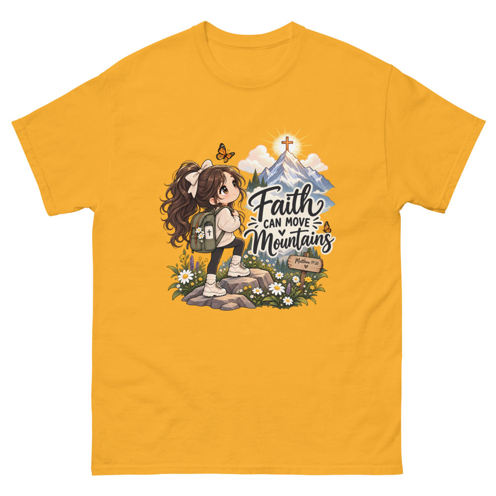 Chibi hiker girl looking at a mountain with a cross and the words Faith Can Move Mountains on a Gold shirt