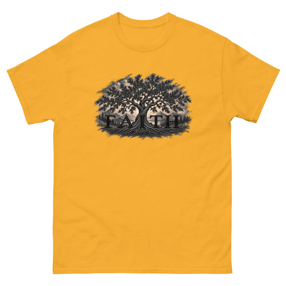 Engraved tree growing through the word Faith with Matthew 17:20 on a Gold shirt