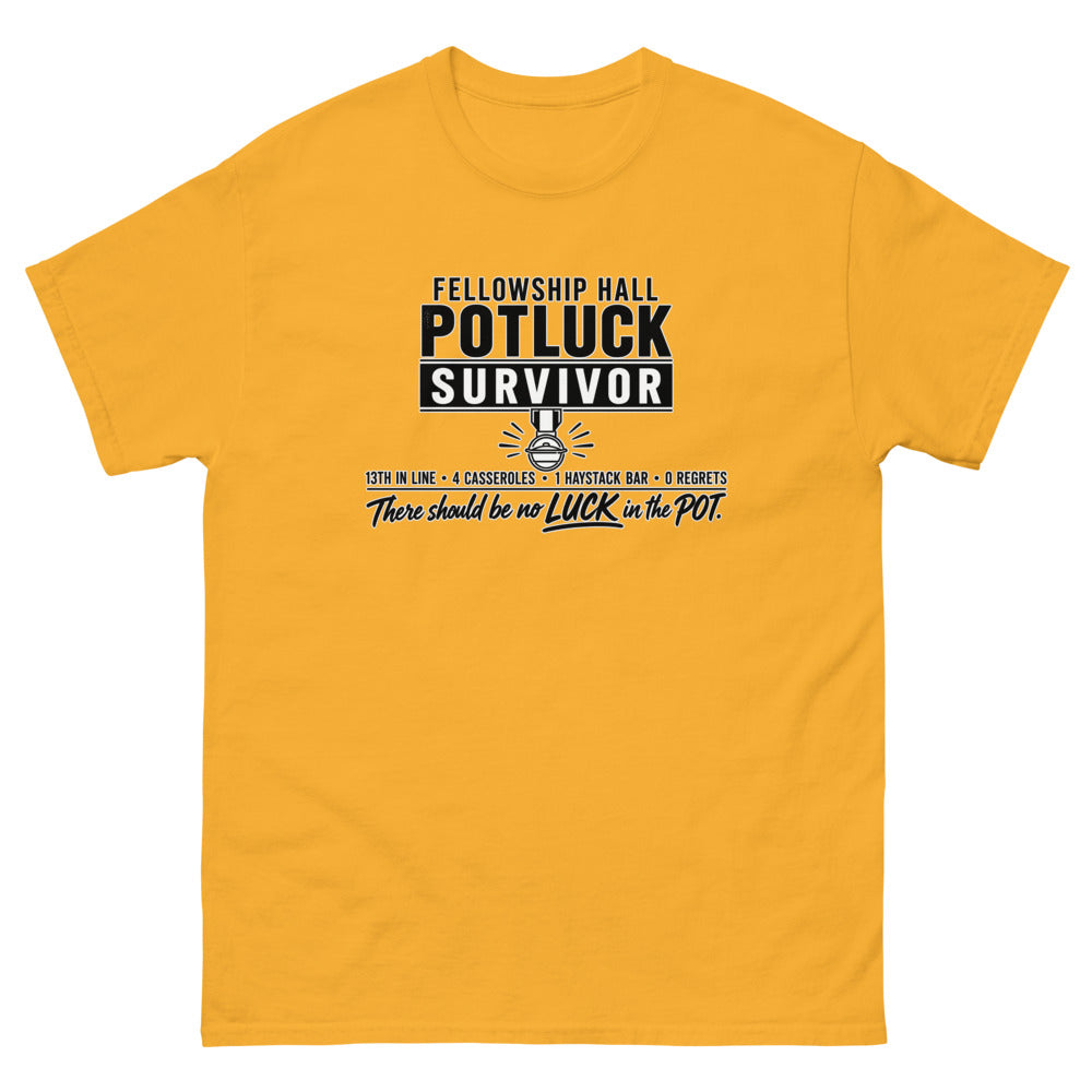 Military style badge reading Fellowship Hall Potluck Survivor with a medal on a Gold shirt