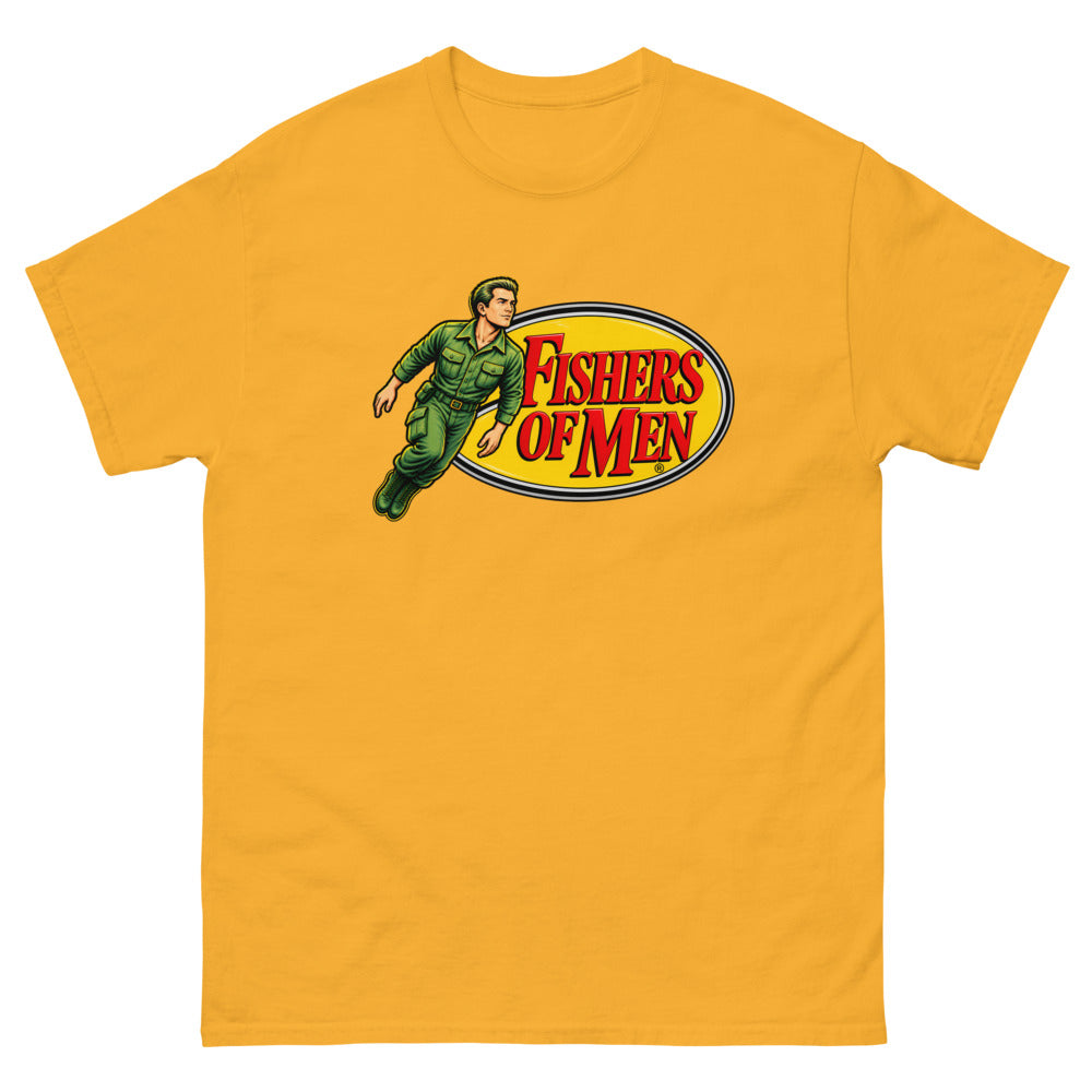 Action figure toy logo parody with a figure leaping from a yellow oval reading Fishers of Men on a Gold shirt