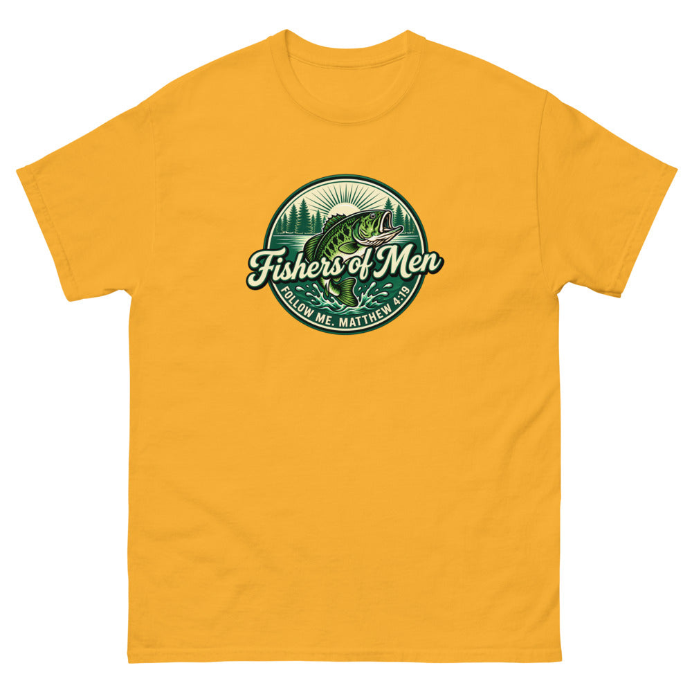 Green circular badge with a leaping bass reading Fishers of Men, Matthew 4:19 on a Gold shirt