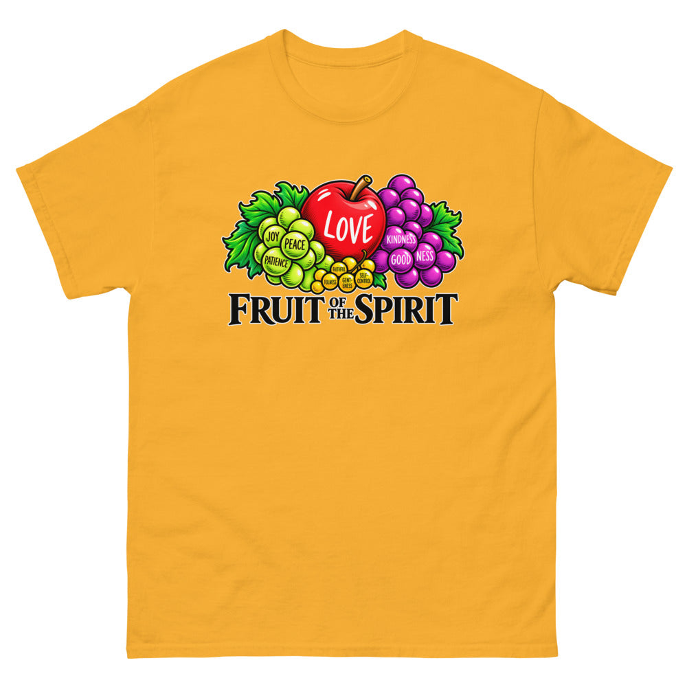 Illustrated fruit labelled with the fruit of the spirit under the words Fruit Of The Spirit on a Gold shirt