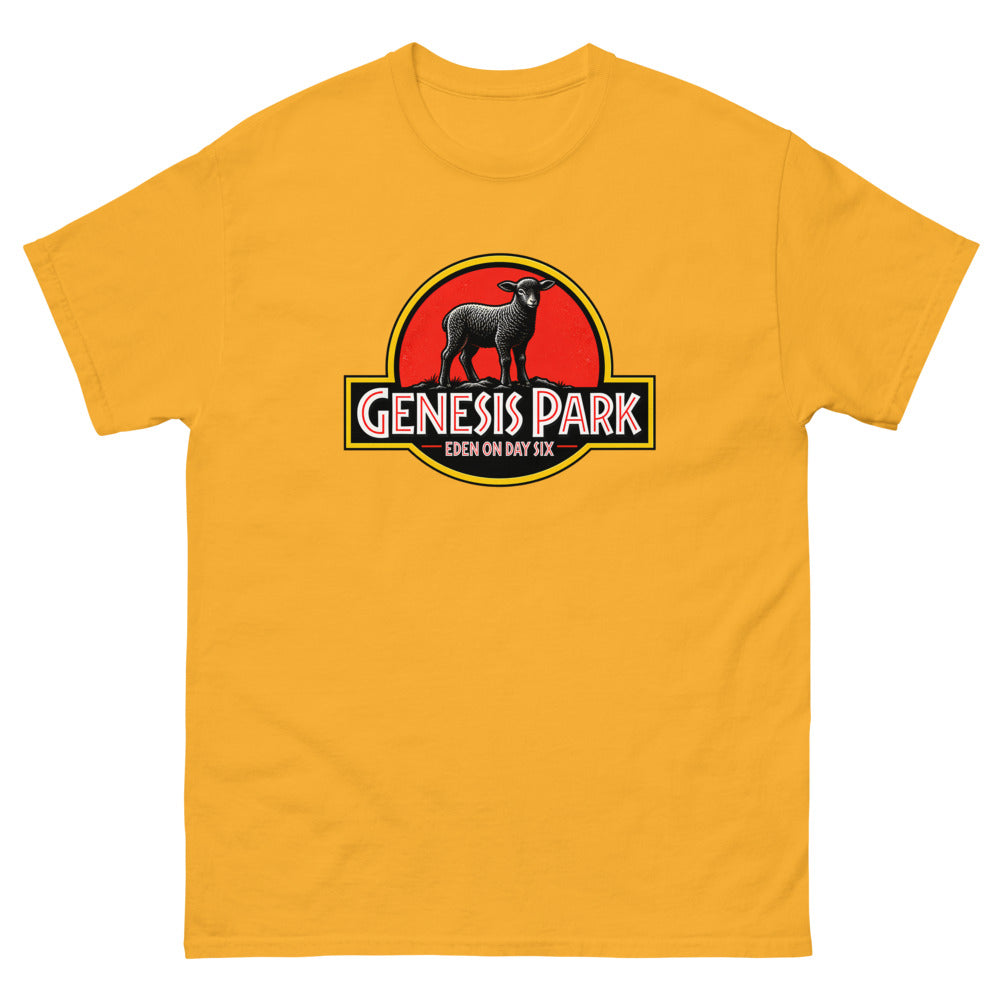 Movie logo parody with a lamb silhouette reading Genesis Park, Eden On Day Six on a Gold shirt