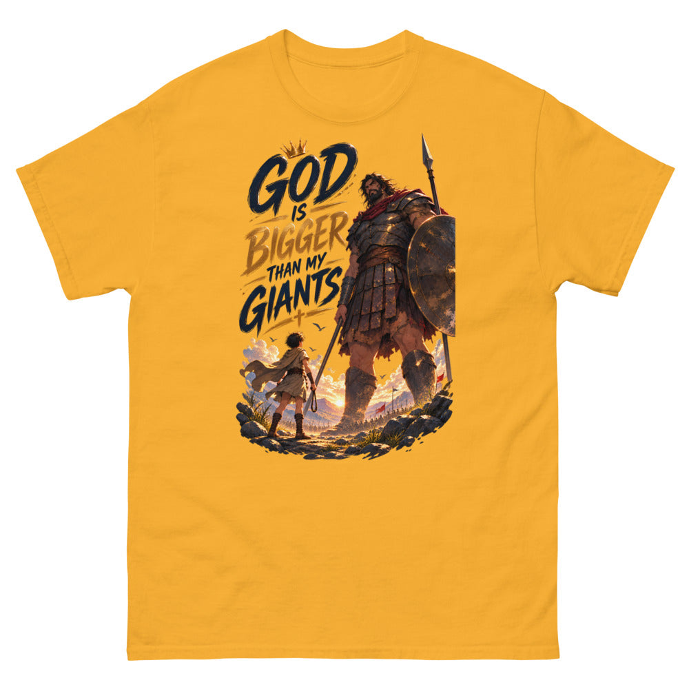 Anime David facing Goliath with the words God Is Bigger Than My Giants on a Gold shirt