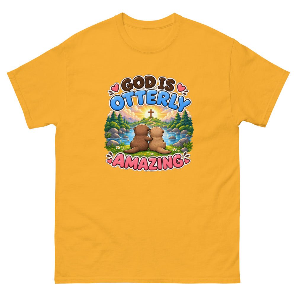 Two otters watching a sunrise with a cross and the words God Is Otterly Amazing on a Gold shirt