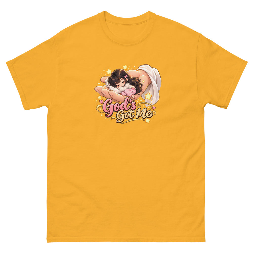 Chibi girl sleeping in the palm of God's hand with the words God's Got Me on a Gold shirt