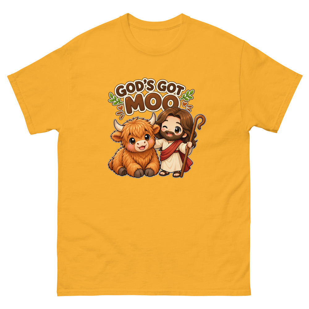 Cartoon highland cow with chibi Jesus and the words God's Got Moo on a Gold shirt