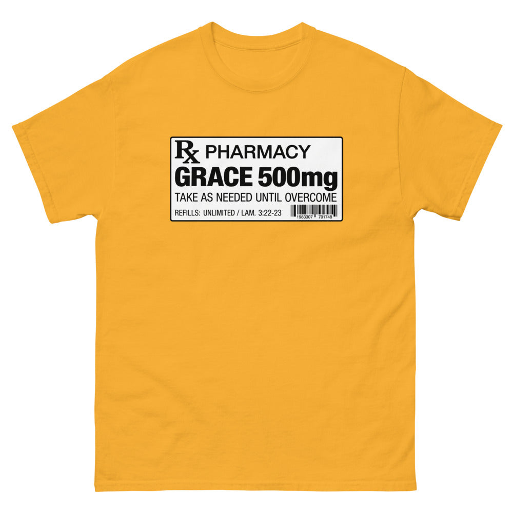 Pharmacy prescription label reading Grace 500mg, refills unlimited on a Gold shirt