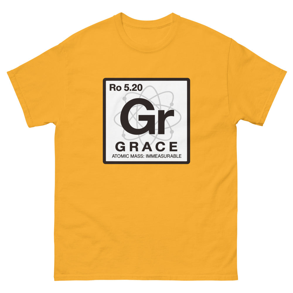 Periodic table tile reading Gr, Grace, atomic mass immeasurable on a Gold shirt