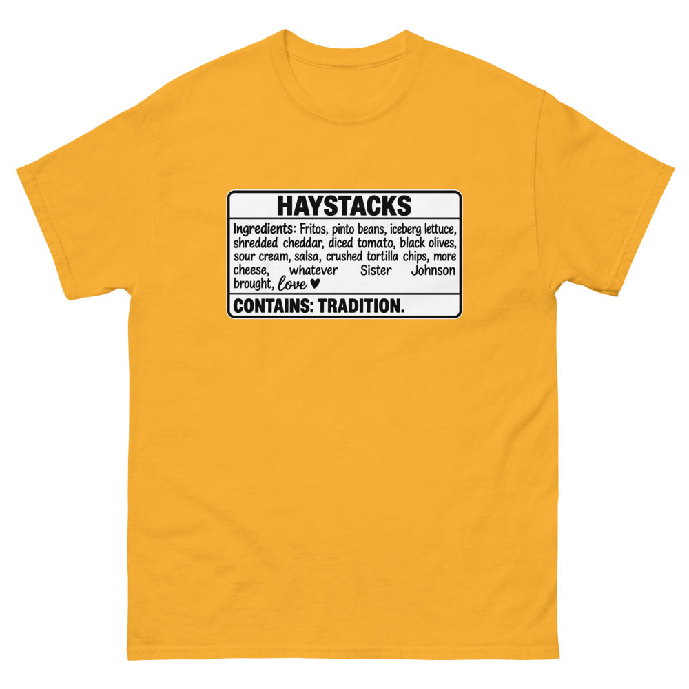 Ingredients label for haystacks ending with Contains: Tradition on a Gold shirt