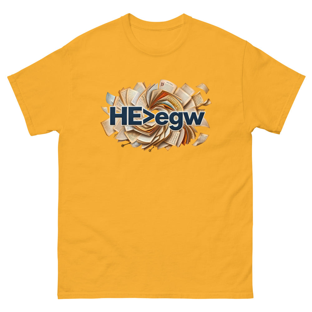 Spiral of open Bibles with navy lettering reading HE is greater than egw on a Gold shirt