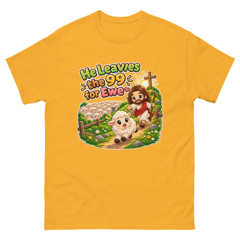 Chibi Jesus chasing one lamb away from the flock with the words He Leaves The 99 For Ewe on a Gold shirt