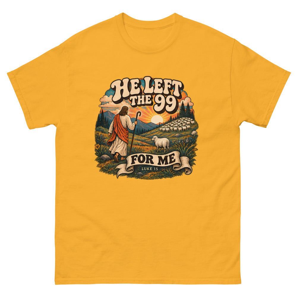 Retro hillside scene of a shepherd and one sheep reading He Left The 99 For Me on a Gold shirt