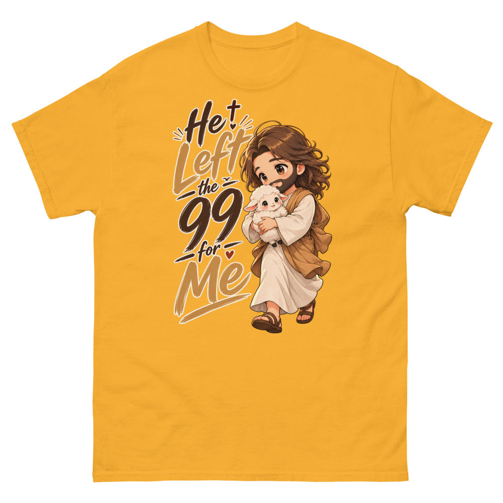 Chibi Jesus carrying a lamb with the words He Left The 99 For Me on a Gold shirt