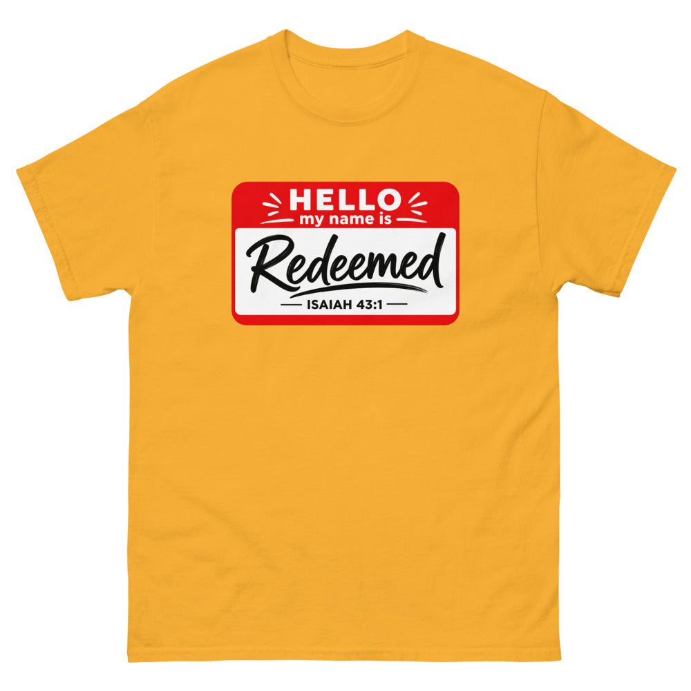 Red and white name badge reading Hello my name is Redeemed, Isaiah 43:1 on a Gold shirt