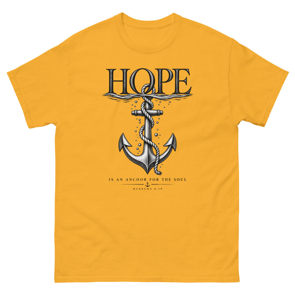 Engraved anchor below the waterline with the words Hope Is An Anchor For The Soul on a Gold shirt