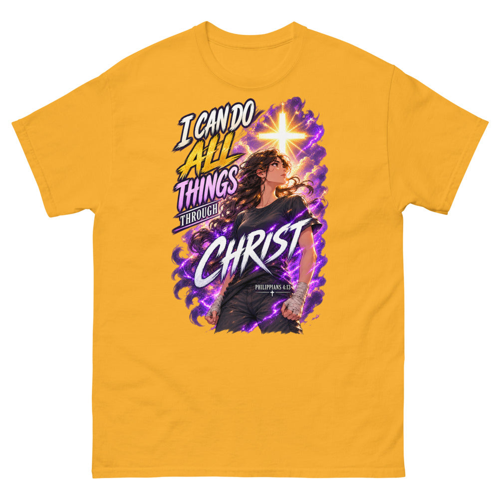 Anime woman under a glowing cross with the words I Can Do All Things Through Christ on a Gold shirt