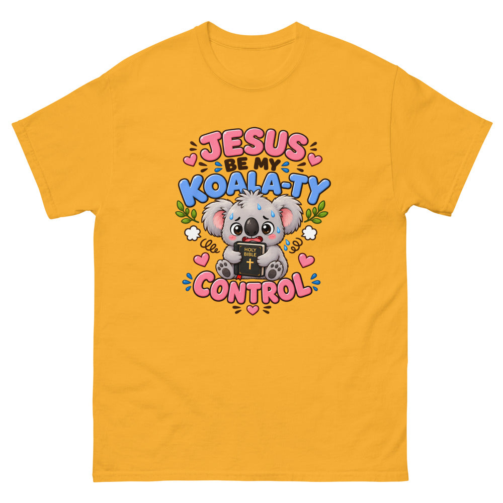 Cartoon koala holding a Bible with the words Jesus Be My Koala-ty Control on a Gold shirt
